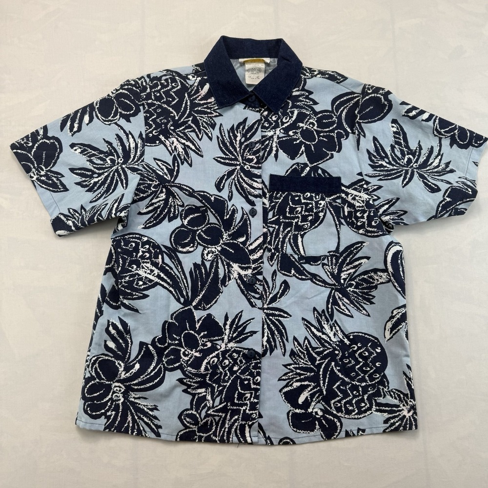 Vintage Hawaiian Aloha Shirt Blue Floral Made USA Womens Camp Shirt 6P